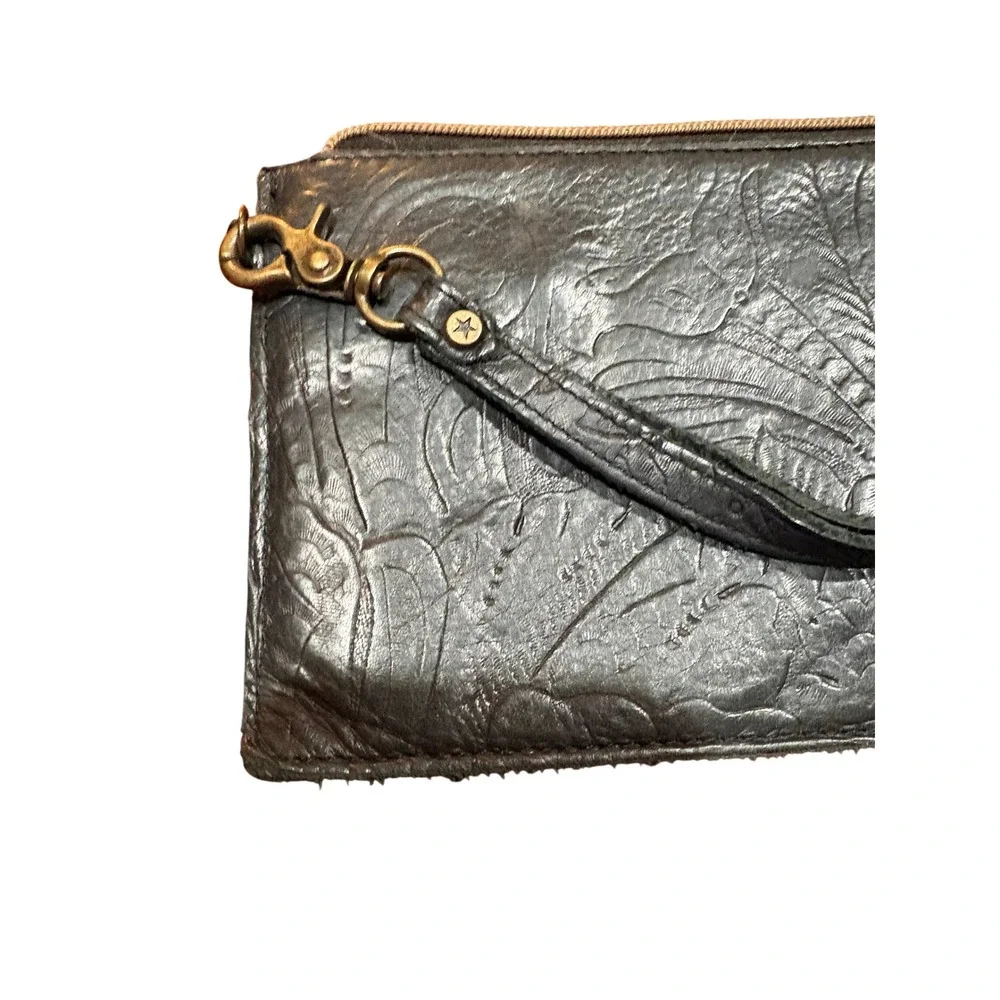 American Leather Co Black Tooled Floral Leather Wristlet Clutch Wallet Bag